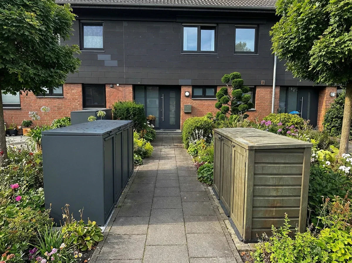 2x Copribidoni Box Spazzatura Rifiuti HWC-J28 Premium 88x131x117cm Acciaio Wpc Grigio