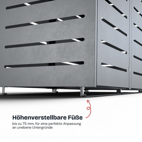 Höhenverstellbare Füße der Alubert Mülltonnenbox, für Anpassung an unebene Untergründe.