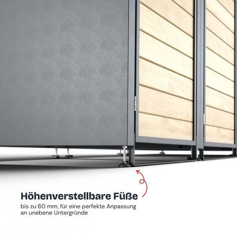 BIO Stefan Mülltonnenbox mit höhenverstellbaren Füßen für unebene Untergründe.