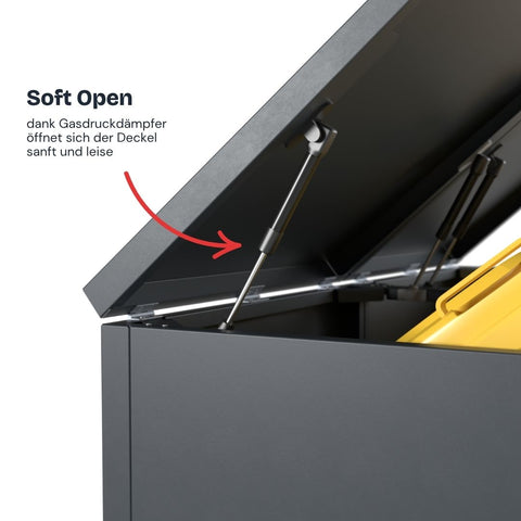Stahlfred Mülltonnenbox mit Gasdruckdämpfer für sanftes Öffnen und Schließen des Deckels.