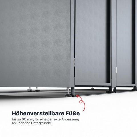 Stahlfred Mülltonnenbox mit höhenverstellbaren Füßen bis 60 mm für unebene Untergründe.