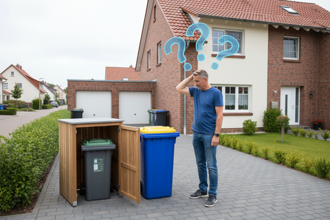 Mülltonnenbox mit abgestufter Anordnung für 1×240l und 2×120l Tonnen auf schmaler Einfahrt – stilvolle Lösung bei wenig Platz