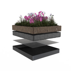 Représentation éclatée des couches d'une couche de plantation Dagobert avec des fleurs.