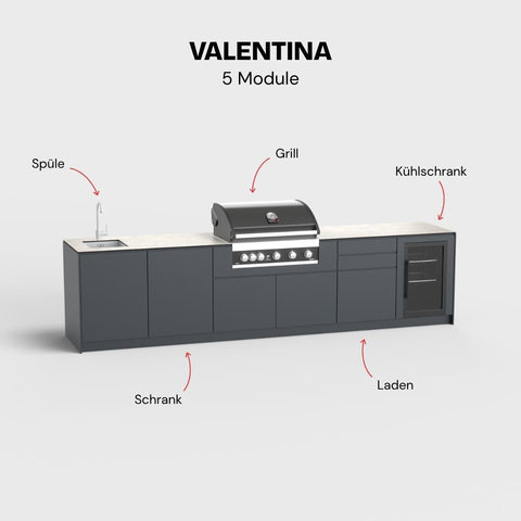 Outdoorküche Valentina (5 Module) - Spüle | Schrank | Grill | Laden | Kühlschrank
