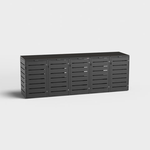 Schwarze BIO Stefan Mülltonnenbox für fünf Tonnen aus Metall in RAL9005.