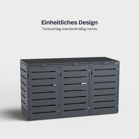 Alubert Mülltonnenbox in einheitlichem Design mit rechtseitigem Türanschlag.