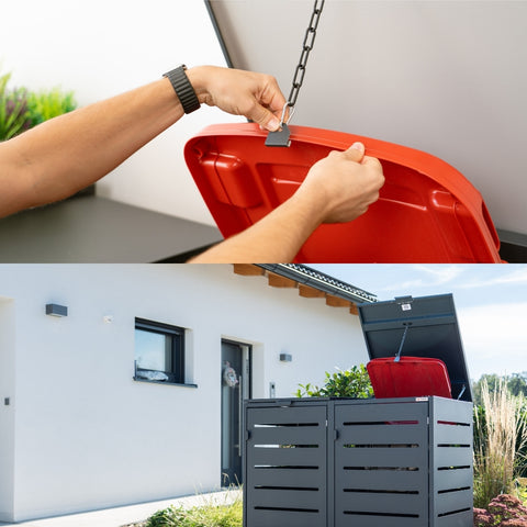 Mülltonnenbox Alubert mit geöffnetem Deckel und Kette vor modernem Haus.