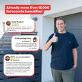 Man in front of BIO Stefan garbage can box with thumbs up, surrounded by customer reviews.