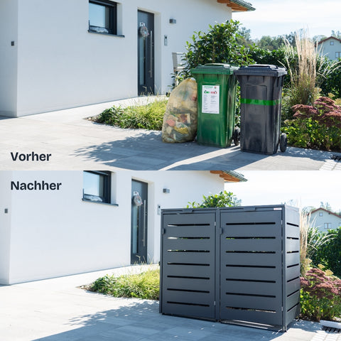 Vorher-Nachher-Vergleich einer Alubert Mülltonnenbox von BIO Stefan vor einem Haus.