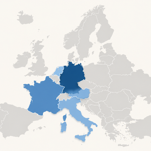 Karte Europas, Deutschland als wichtigster Liefermarkt hervorgehoben, dazu Oesterreich, Frankreich, Italien und die Niederlande