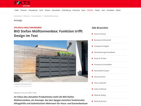 Artikel auf FOCUS.de: BIO Stefan Mülltonnenbox, Funktion trifft Design