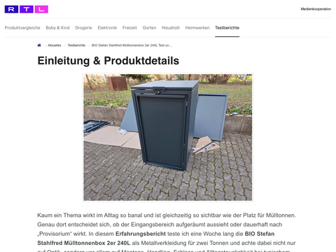 Testbericht auf RTL.de zur BIO Stefan Stahlfred Mülltonnenbox 2er 240L