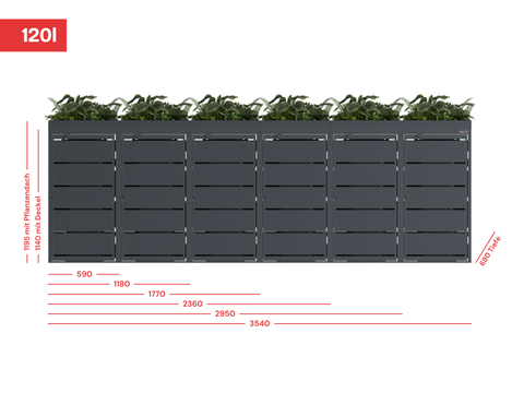 BIO Stefan Waste garbage can box Dagobert, size 4-120L with planting roof and dimensions in black.