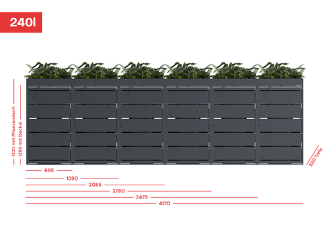 BIO Stefan Waste garbage can box Dagobert with planter roof for 240L, dimensions and size specifications.