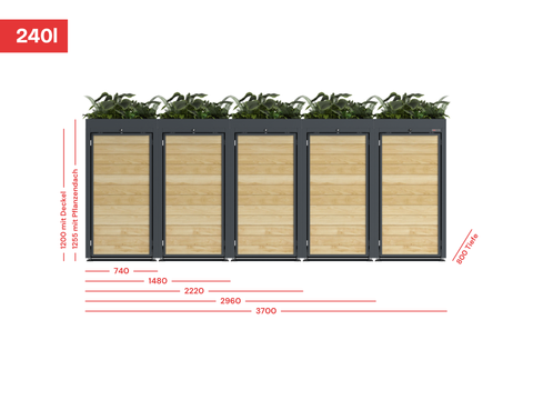 BIO Stefan Mülltonnenbox mit Pflanzendach, Maße für 240L Boxen, fünf Einheiten nebeneinander.