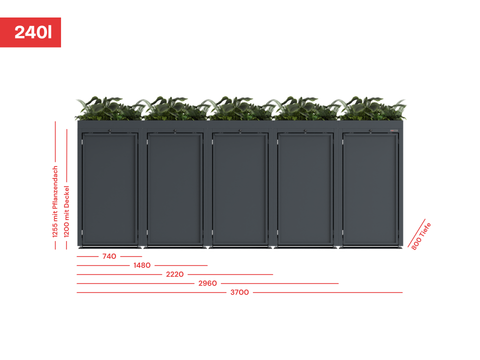 Mülltonnenbox Stahlfred von BIO Stefan für 240L mit Pflanzendach und Maßen.