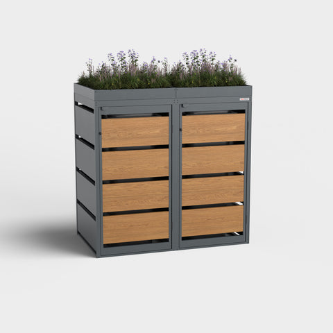 Mülltonnenbox Dagobert 120L in Goldene Eiche mit Pflanzdach.