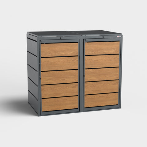 Mülltonnenbox Dagobert 2er 240L in Goldene Eiche mit RAL 7016 Rahmen.