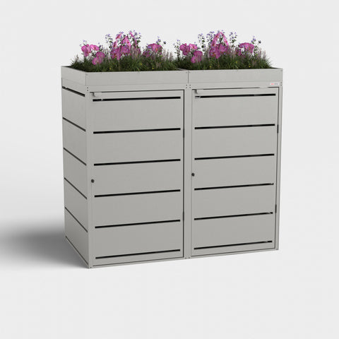 Dagobert Mülltonnenbox 240L mit Pflanzdach und grauer Verkleidung.