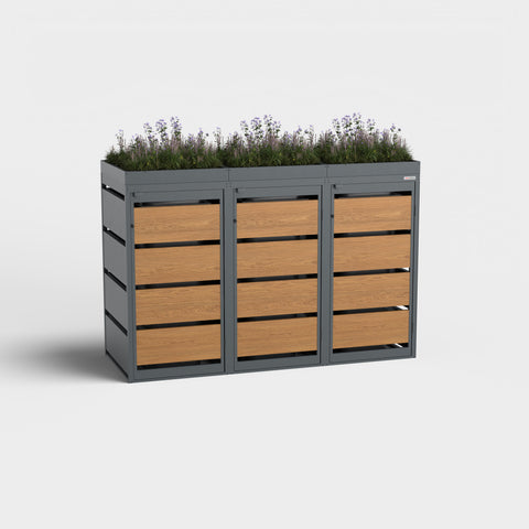 Mülltonnenbox Dagobert 3er 120L in Goldene Eiche mit Pflanzdach.