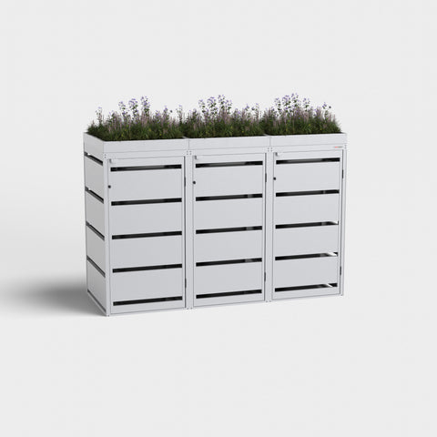 BIO Stefan Mülltonnenbox Dagobert 3er 120L in RAL9006 mit Pflanzendach.