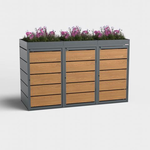 Mülltonnenbox Dagobert 3er aus Goldene Eiche mit Pflanzdach, RAL7016.