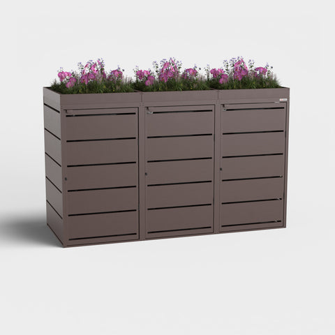 Dagobert 3er Mülltonnenbox 240L mit Pflanzdach in RAL8017.