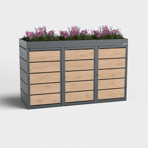 Dagobert Mülltonnenbox 3er 240 Liter Holzoptik Winchester mit Pflanzdach