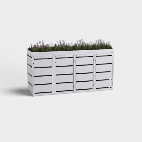 Mülltonnenbox Dagobert 4 von Bio Stefan mit Pflanzdach, RAL9006, für 120L Tonnen.
