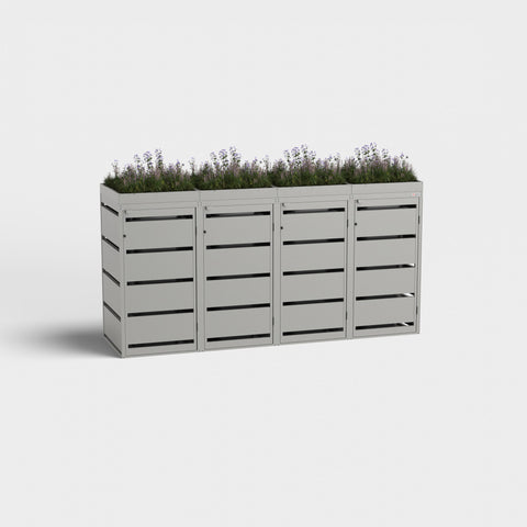 BIO Stefan 4er Mülltonnenbox mit Pflanzdach in RAL9007.