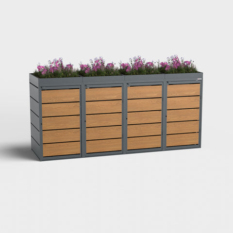 Mülltonnenbox Dagobert 4x240L in goldener Eiche mit Pflanzdach.