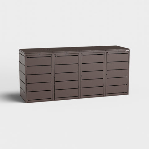 Vierer-Mülltonnenbox Dagobert von BIO Stefan in Braun (RAL8017) für 240-Liter-Tonnen.