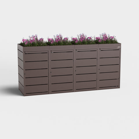 Mülltonnenbox Dagobert 4er 240L mit Pflanzen auf dem Deckel in RAL8017.