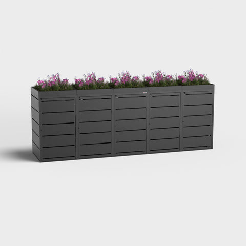 Dagobert 5er Mülltonnenbox 240L RAL9005 mit Pflanzdach und Blumen.