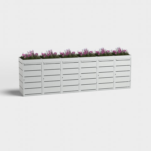 Soptunnabox Dagobert 6 boxar 240L RAL7035 med växttak och rosa blommor.