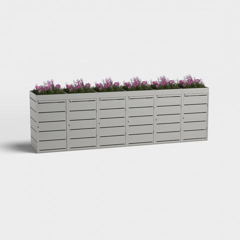Soptunnabox Dagobert 6 boxar 240L RAL9007 med växttak och violetta blommor.