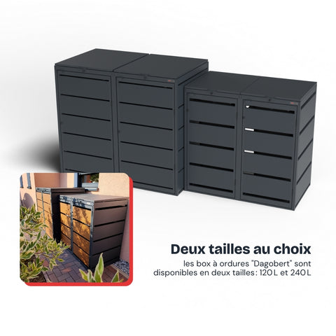 Dagobert Box pour poubelles en deux tailles, 120l et 240l, sur fond blanc.