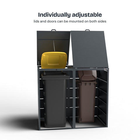 Dagobert Waste garbage can box with two open compartments and individually adjustable lids.