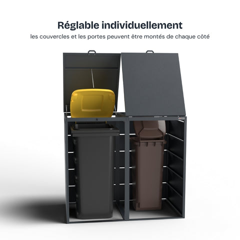 Dagobert Box pour poubelles avec deux compartiments ouverts et des couvercles réglables individuellement.