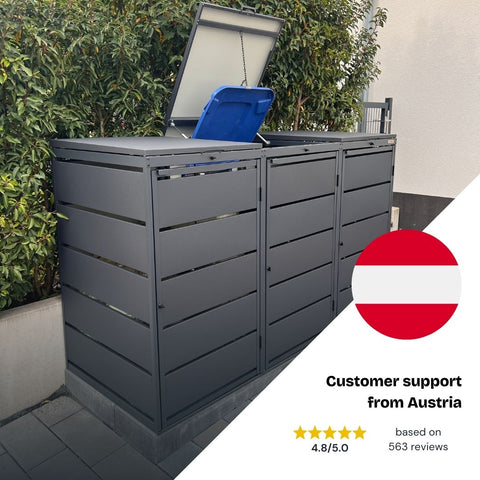 Waste garbage can box Dagobert from BIO Stefan with open flap, developed in Austria.