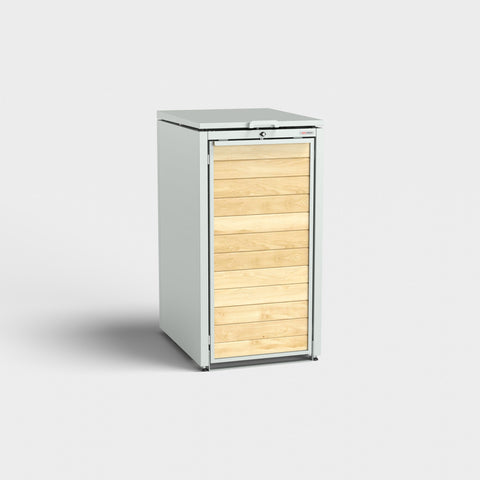 Mülltonnenbox Holzmichl 1 in RAL7035 Grau mit Holzvertäfelung.