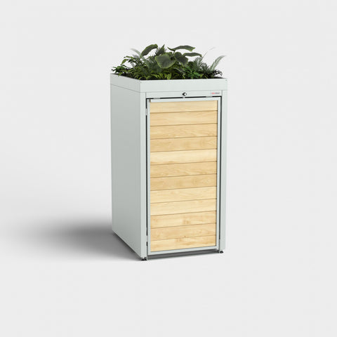 Mülltonnenbox Holzmichl in RAL7035 mit Pflanzdach.