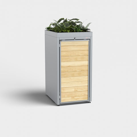 Graue Mülltonnenbox Holzmichl mit Pflanzdach von BIO Stefan.