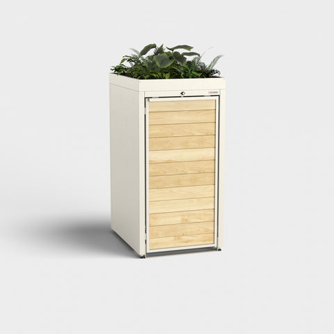 Holzmichl Mülltonnenbox RAL9001 mit Pflanzdach, vertikal ausgerichtet.