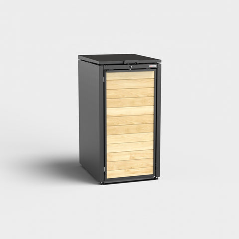 Schwarze Mülltonnenbox Holzmichl mit Holzverkleidung von Bio Stefan.
