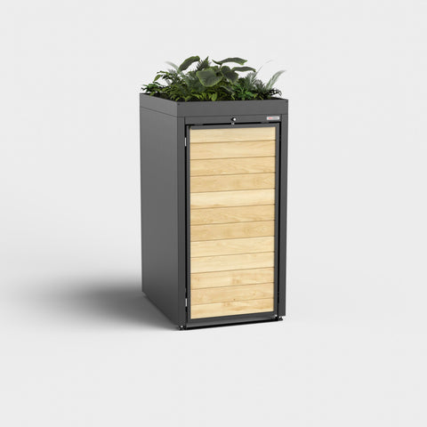 Schwarze Mülltonnenbox mit Holzfront und Pflanzendach RAL9005.