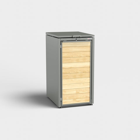 Holzmichl Mülltonnenbox, Modell RAL9007, mit Holzverkleidung und Metalleinfassung.