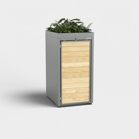 BIO Stefan Mülltonnenbox Holzmichl 1 RAL9007 mit Pflanzdach.