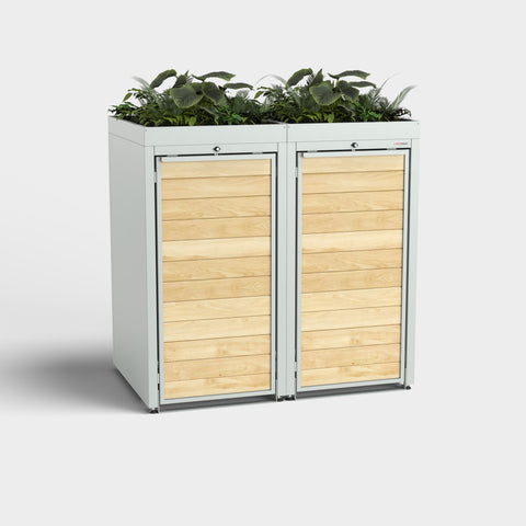 Skraldespandsskab Holzmichl fra BIO Stefan med plantedæk i RAL7035.