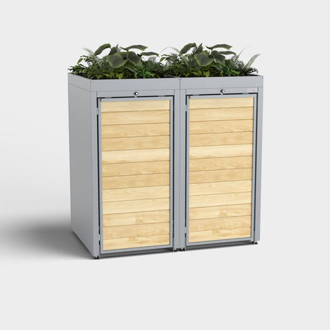 Skraldespandsskab Holzmichl RAL7045 med plante tag fra BIO Stefan.